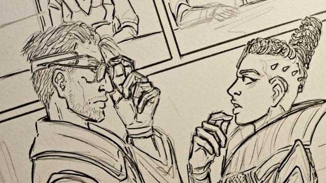 Teaser shot of a comic panel with two people facing one another. On the left is a man who is putting aviators on with a gloved hand. On the right is a woman with cyberpunky vibes talking to him