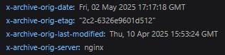 screenshot of Firefox's network viewer showing four HTTP headers, all starting with "x-archive-orig", including one named "x-archive-orig-last-modified"