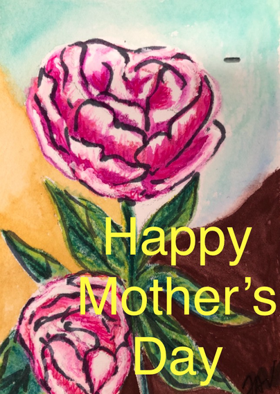 A photo of a watercolour and marker illustration of a pink carnation on a yellow, blue a brown background with text in yellow font added to it that says,”Happy Mother’s Day”.