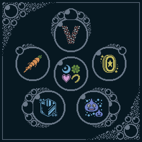 a pixel art illustration of a forked gravel path, a gold coin, a pair of slimes from Dragon Quest, an ice cube, a carrot, and a set of small lucky charms (blue moon, four-leaf clover, heart, horseshoe).