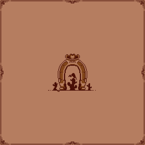 A horseshoe wearing a cowboy hat, it has silhouettes of three cacti behind it, on top of the center cacti there is a silhouette of a buzzard