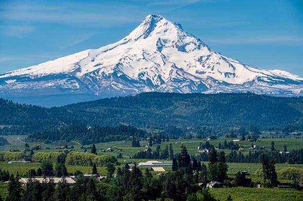 A scenic view of a snow-capped mountain, surrounded by lush green hills and fields, displaying a clear blue sky. The foreground features a mix of trees and rural structures, enhancing the natural landscape.