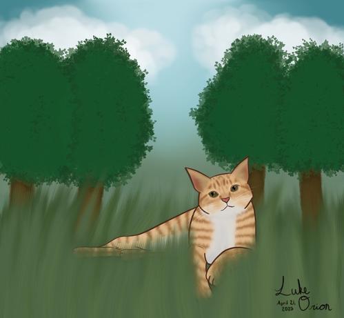 A digitally illustrated orange tabby cat lying in tall grass with two green trees in the background under a blue sky with clouds. The artwork is signed with the name "Luke Orion" and dated "April 21, 2023."