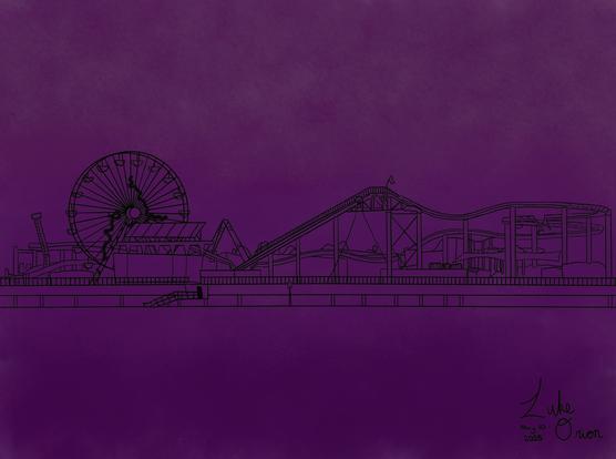 A stylized illustration of a seaside amusement park featuring a Ferris wheel, roller coaster, and various rides, set against an eerie purple background. The artwork is signed and dated.