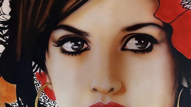 Section of a spraypainted movie poster for the movie Volver, a part of a female face with dark hair, only the eyes and her nose are visible, there appears to be a red flower in her hair.