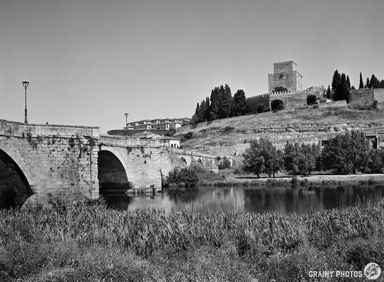 A black and white photo, of an ancient stone bridge crossing a river, with Ciudad Rodrigo⁩, a hillside fortress and trees in the background. The foreground features tall grass along the riverbank.