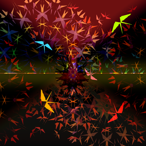 An (original penworks) abstract creative code generated image made of digital paper birds flying around with a bright line horizon in the middle. Multicoloured, vibey. Software: Spirality, multiple renders, plus PS and other image messing.