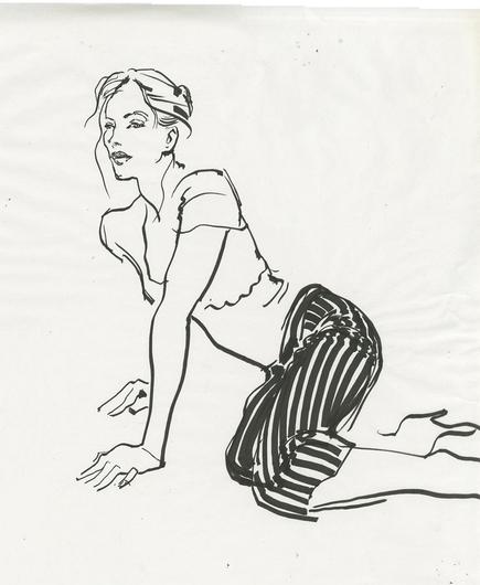 Fashion-ish drawing of a young woman seated and leaning on her hands