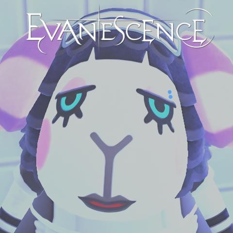 Squared Animal Crossing: New Horizomns screenshot zooming in on the face of Muffy (black sheep with a white face and blue eyes).  A bluish filter has been placed over it and the white "Evanescence" logo has been inserted on top. Two blue dots on Muffy's right eyelid are drawn on.