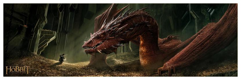 an   illustration, it  is wide horizontally,  there is a  dark red giant dragon on the right side, on top of mountains of gold in a chamber, pillars around , a small man holding a sword on the left, facing him
