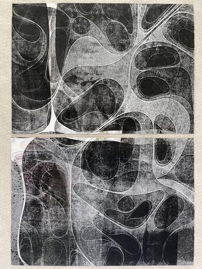 2 complex monoprints on paper with textured, curved shapes in shades of black and  heavy elaborate embossing providing a range of tones in the inked areas.