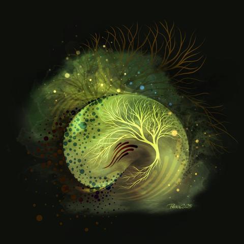 watercolour & ink; a nautilus shaped shape in the centre in pale greens and beige; and uprooted tree curves in the middle, groups of droplets in varying opacity are randomly placed following the lines. branches reach into the space above.