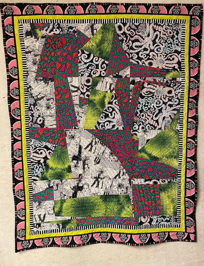 Abstract quilt with black and white print fabrics, a green "grass fireworks" print and a large scale "leopard print but the colors are green, pink, purple, and orange". There is a double inner border of a white and black stripe and then a bright green stripe. On the outside is a Charley Harper print of a racoon with three cubs in watermelon slice. The binding is multi colored stripes with a black background.
