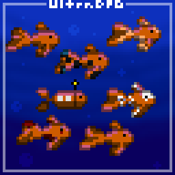 Pixel art of a school of fish swimming together. One has a propeller and an antenna.