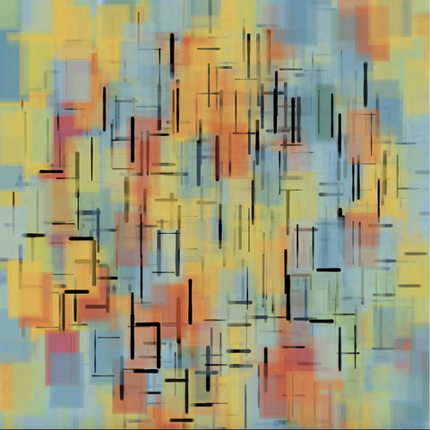 Abstract art, swirls of soft colors painted in translucent rectangles. Dark lines sketching parts of rectangles which fade out towards the edges.