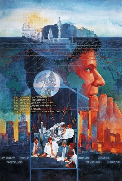 technical painting of men in business, numbers numbers numbers
Bob Dacey, from American Showcase of Illustration 14 (1991)