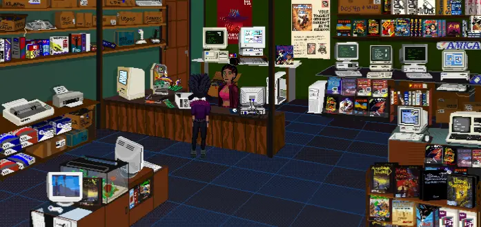 Pixel art of a click adventure I'm making. This scene is in a computer store. We see several computers, games, and posters from the early 1990s.