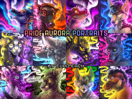 A compilation of 12 painted furry character portraits with each standing in front of an aurora borealis in the colors of various pride flags. Text on the image reads "Pride Aurora Portraits", "65 EURO each".