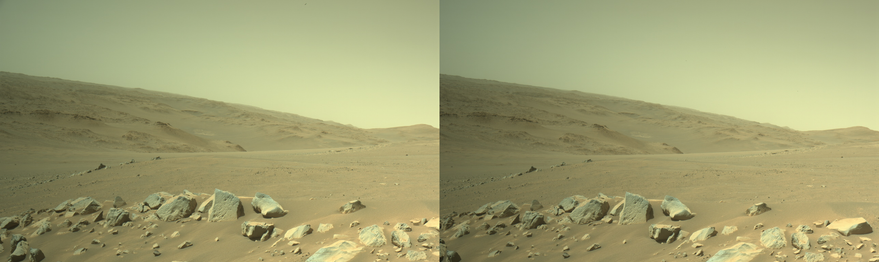 An ochre-toned dual left/right stereoscopic image capturing a Martian landscape. This dual image is intended to be used to obtain a Stereo3D rendition of the scene through parallel viewing, and not cross-eyed viewing.
