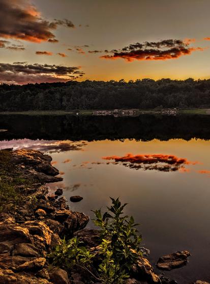 A late September evening. The sun has recently set, the sky is a pale blue gray with a tinge of gold along the horizon. Three dark gray cloud clusters and scattering of small solitary clouds drift across the sky. Two of the clusters and most of the solo clouds are painted with splashes of bright orange from the post sunset rays. The third, just above the horizon is tinted pale violet. All this is mirrored on the very slightly rippled lake surface. Across the lake, a forest looks dark and mysterious in the twilight. We are standing on a small peninsula of jagged light beige rocks, with a few small green shoots and shrubs where scraps of soil can be found.