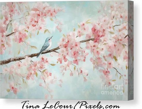 This is a canvas of a sweet little bluebird perched in some pink cherry blossom flowers with a soft blue background.
