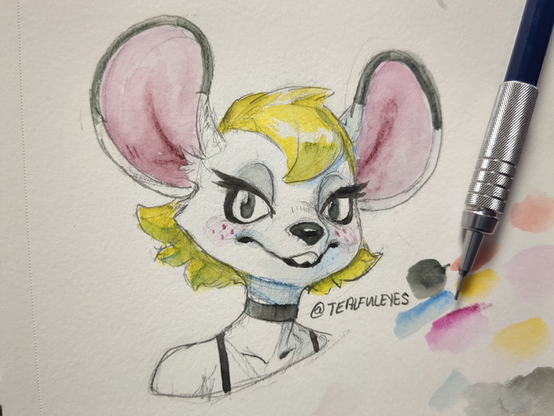 Watercolour sketch by Tealful Eyes of Bella, and anthropomorphic mouse woman from the video game series Animal Crossing.