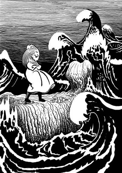 A black and white digital drawing of a girl standing on a jetty with a stormy sea in the background.