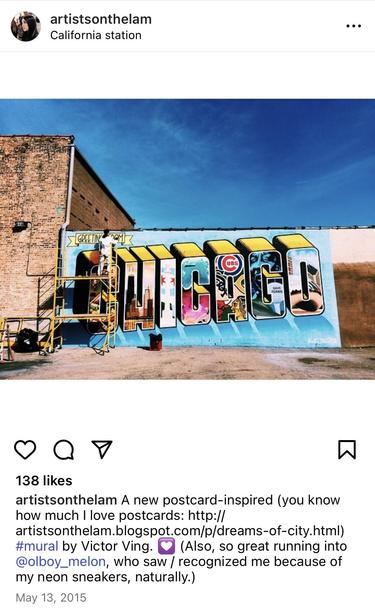 Screenshot of Jenny Lam's original Instagram post from 2015 of the creation of Victor Ving's now-classic "Greetings from Chicago" mural in Logan Square
