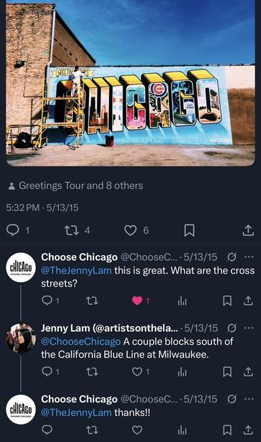 Screenshot of Choose Chicago's tweet asking Jenny Lam for the location of Victor Ving's now-classic "Greetings from Chicago" mural in Logan Square, 2015
