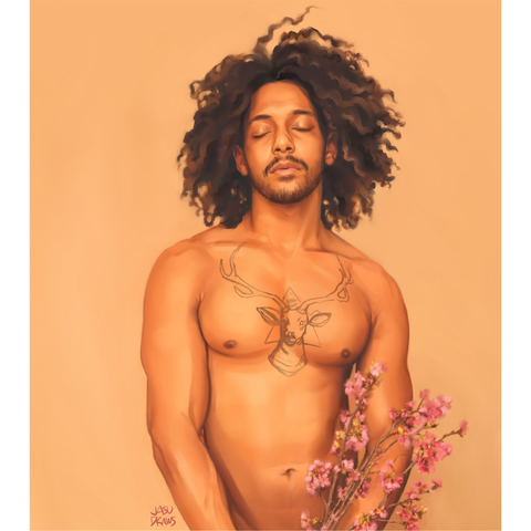 A digital painting of a young topless black man. He holds a branch of pink flowers in his hands.