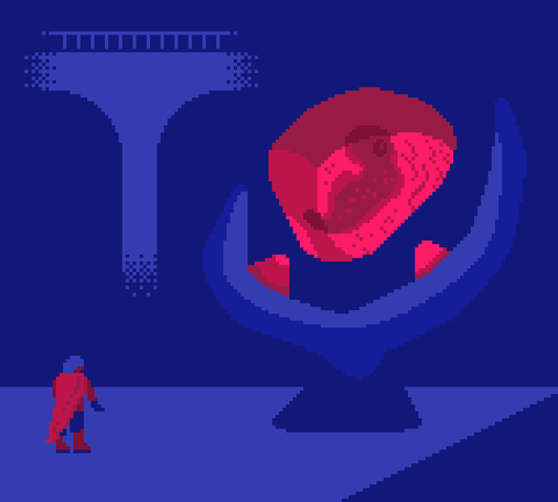 Low pixel illustration of a superhero-like character with a cape and a helmet approaching a display stand where an enormous chunk of red amber contains a giant unidentified embryo, the chunk of amber is floating thanks to some kind of red amber pieces on the borders of the display stand. An arch and a railway, akin to some kind of bridge, looms menacingly in the background.