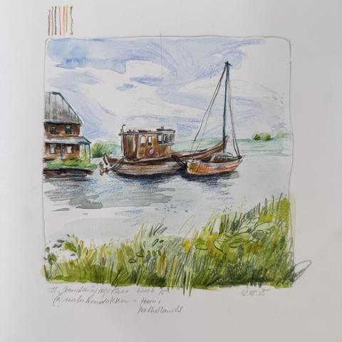A mixed media sketch depicting two boats anchored in a serene body of water, with a small wooden building on the left. Lush green grass edges the foreground, and a bright sky with soft clouds fills the background.
