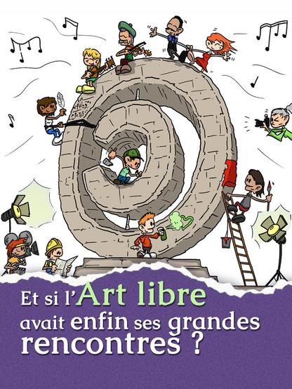 Le visuel de l'affiche du festival, réalisée par Gee, est accompagnée sur chaque image d'un peu de texte sur fond violet : "Et si l'Art libre avait enfin ses grandes rencontres ?"
