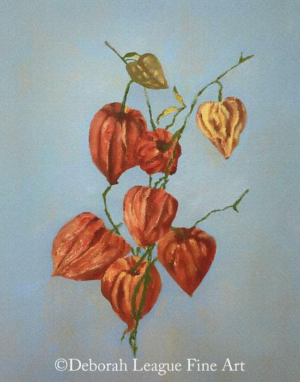 This oil painting of a Chinese lantern plant, offered as an art print, brings vibrant colors and botanical elegance into your home. The beautiful orange and green hues of the lantern-shaped seed pods create a captivating focal point for any room. Perfect for nature lovers, gardeners, or anyone looking to add a touch of natural beauty to their decor. The painting complements both modern and traditional interiors.

The focal point of the painting is a branch of the Chinese lantern plant. The branch is adorned with vibrant orange lantern-shaped pods and gracefully extends down the canvas, creating a sense of movement and organic flow.