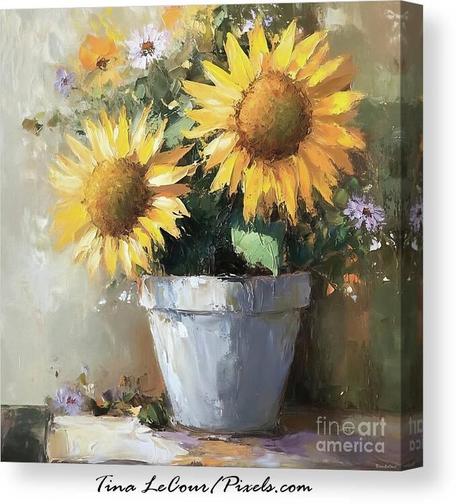 This is a canvas of a gray pot filled with big sunflowers