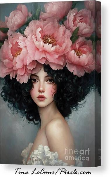 This is a canvas portrait of a pretty woman with black curly hair wearing a crown of pink peony flowers.