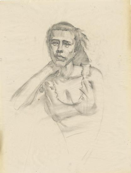 Charcoal life drawing sketch of portrait of a woman leaning on her right hand. Head and shoulders.