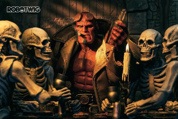 Hellboy holds a bottle of liquor up in the air, he's surrounded by four skeletons at a table joining him in a toast