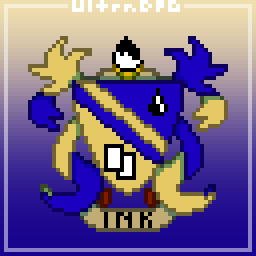 Pixel art of a blue and tan coat of arms. It has drawing elements such as a brush on the top and an ink drop and two blank pieces of paper.
