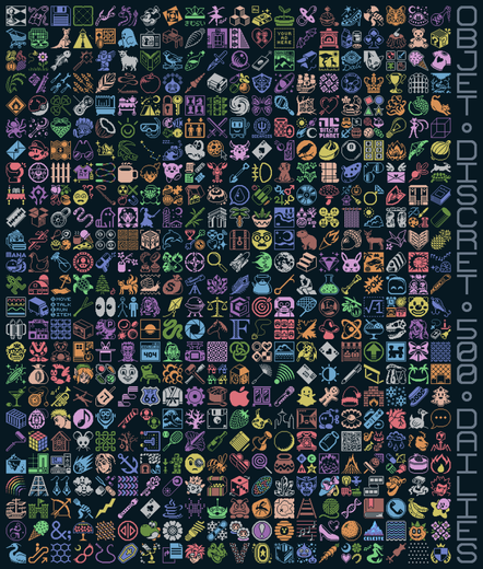 a collection of 500 small pixel art illustrations with various themes including animals, video game characters, food, nature scenes, geometric patterns, and everyday objects.