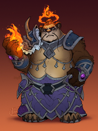 Digital art of a male Pandaren warlock in silver and violet robes, standing with one arm resting on his hip armor, the other raised somewhat threateningly with a fireball summoned in his palm. He is looking sternly down at the viewer, a halo of flame above his head.