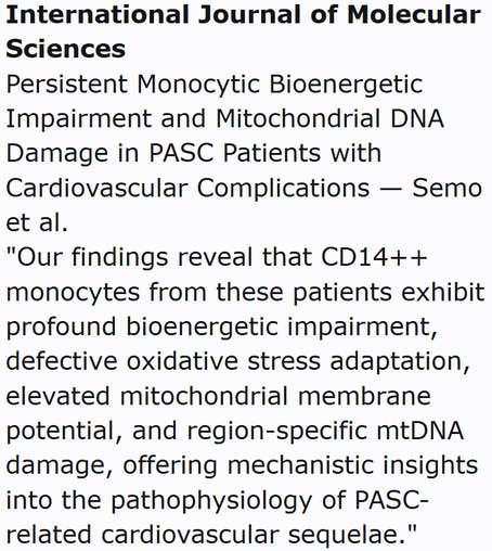 International Journal of Molecular Sciences
Persistent Monocytic Bioenergetic Impairment and Mitochondrial DNA Damage in PASC Patients with Cardiovascular Complications — Semo et al.
"Our findings reveal that CD14++ monocytes from these patients exhibit profound bioenergetic impairment, defective oxidative stress adaptation, elevated mitochondrial membrane potential, and region-specific mtDNA damage, offering mechanistic insights into the pathophysiology of PASC-related cardiovascular sequelae."