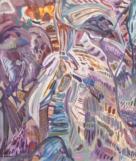 Abstract painting with multicolored lines merging in complex shapes, in a palette of purple, white, and blue.
