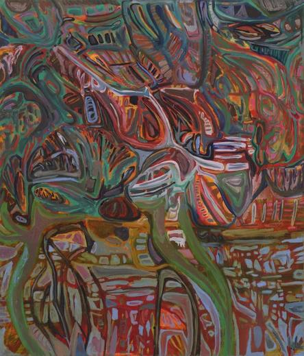Abstract painting with multicolored lines merging in complex shapes, in a palette of muddy green, orange, and red with some bursts of white.