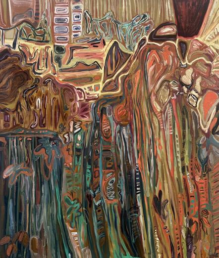 Abstract painting with multicolored lines merging in complex vertical shapes, in a palette of muddy green, orange, and yellow.