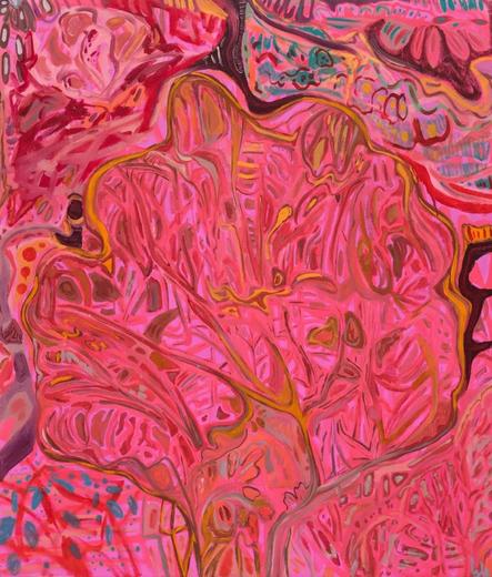 Abstract painting with multicolored lines merging in complex shapes, in a palette of bright pink with details of orange, teal, and maroon.