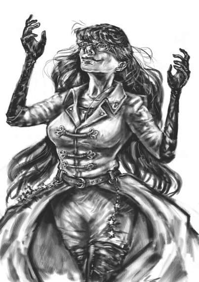 A black and white digital illustration in digital pencil.  Of a woman holding her hands up.  She is smiling while looking up and wears round glasses.  She is wearing a long military-like coat that blows in the wind and it has moons and stars on the high collar.  She has chains of stars on her belt.  She has long flowing dark hair and she is wearing long leather gloves and thigh high boots.