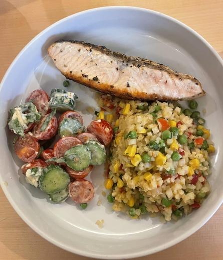 Trader Joe’s riced cauliflower stir fry goes great with some salmon and salad with a bit of goat cheese