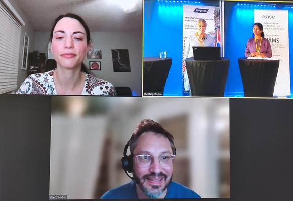 On screen are Danielle Padula (top left), David Haber (bottom), and Alice Meadows and Madhura Amdekar at the conference podiums (top right).