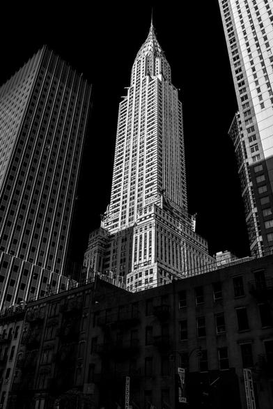 High contrast Black& White view of a skyscraper in New York City, with many architectural details